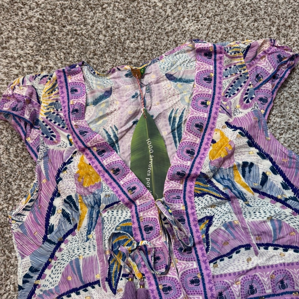 FARM Rio Large Macaw‎ Parrot Print Kimono Style Blouse Butterfly Sleeve Purple